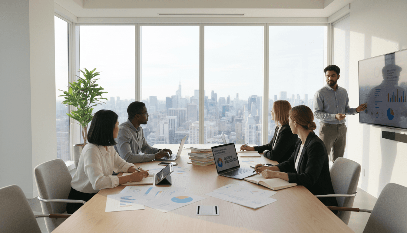 Diverse marketing team discussing strategy around conference table with laptops and analytics reports in modern bright office