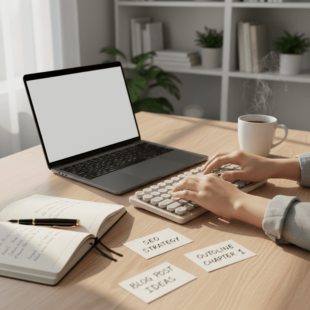 Hands typing on a keyboard with notes nearby