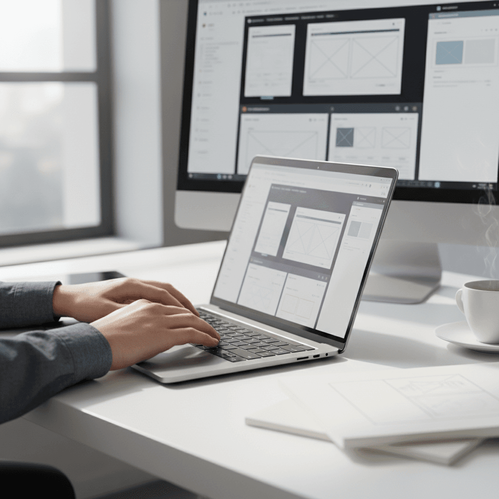 Designer's hands typing on laptop keyboard with website layouts displayed on dual monitors in sunlit studio