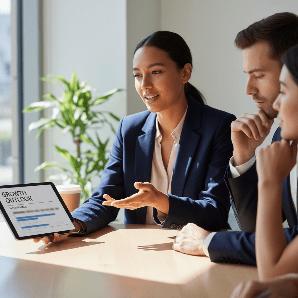 Diverse entrepreneurs discussing business growth charts on tablet during professional consultation meeting with natural window lighting