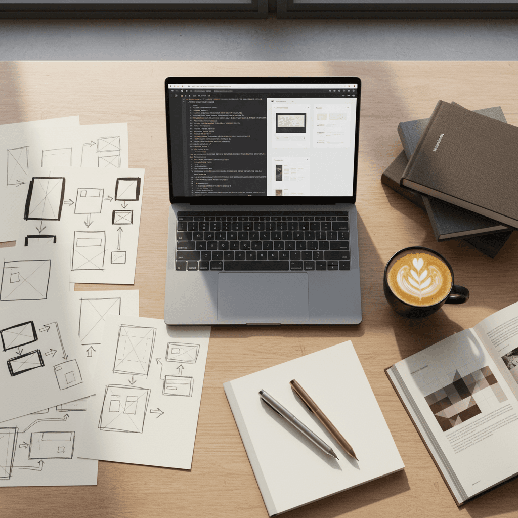 Overhead view of a designer workspace with email wireframes and style tiles