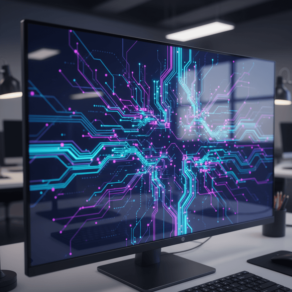 High-resolution computer monitor displaying abstract AI neural network visualization with glowing blue and purple interconnected data streams
