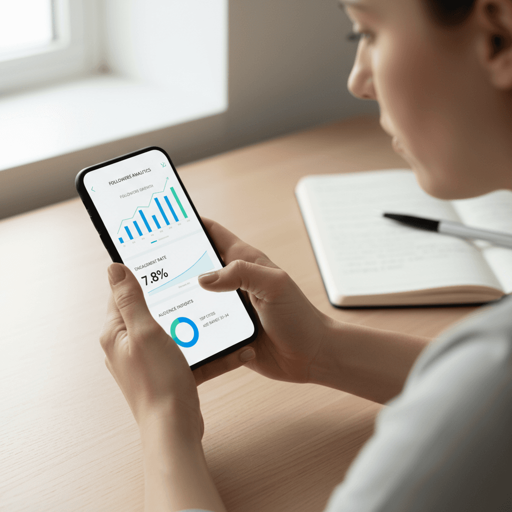 Social media audit notes and laptop with analytics dashboard