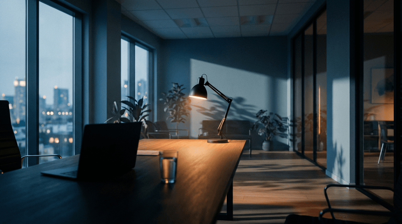 Modern office at dusk with warm desk lamp, long shadows across wooden desk, city lights in background.