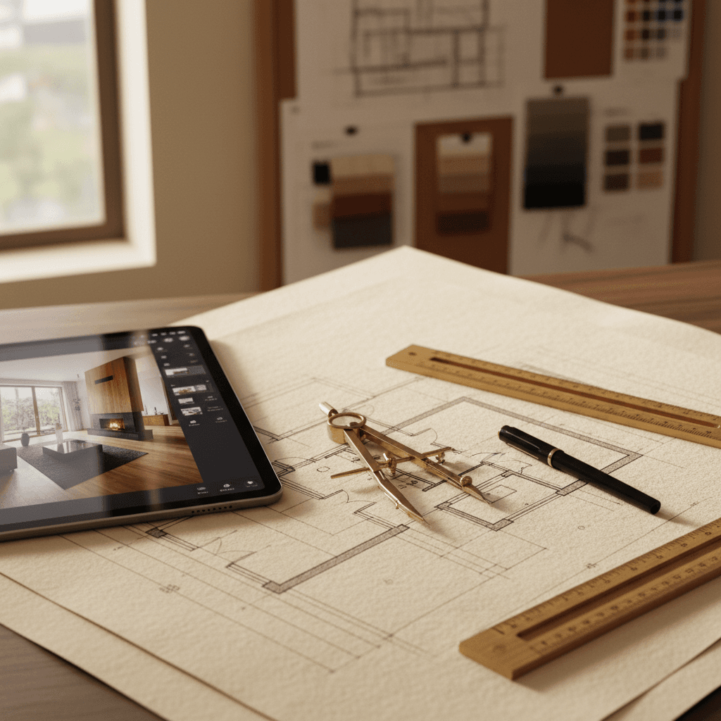 Close-up of architect's desk with drafting tools, vellum drawings, tablet showing 3D interior model, and sketches