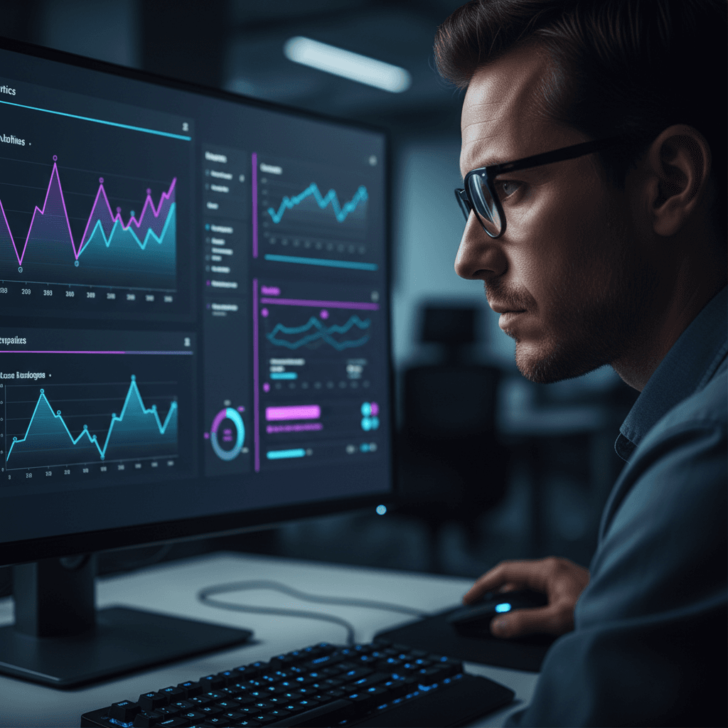 Professional analyst's focused expression illuminated by vibrant analytics dashboard on monitor screen with high-contrast data visualizations
