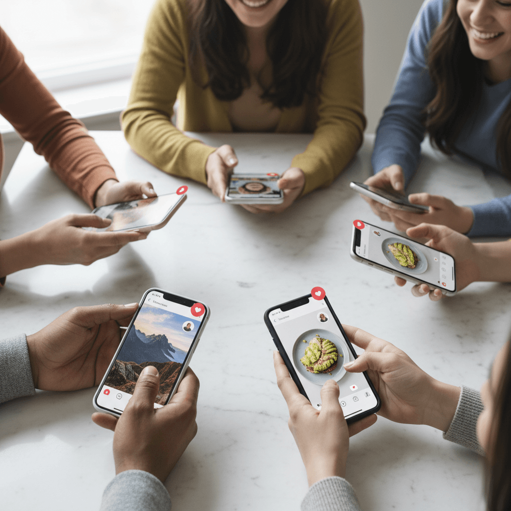 Diverse hands holding smartphones displaying social media content with glowing screens and engagement notifications in natural light