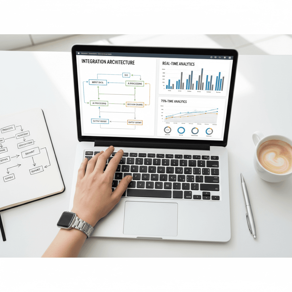Consultant's hands pointing at laptop showing AI workflow automation diagrams and analytics on clean white desk