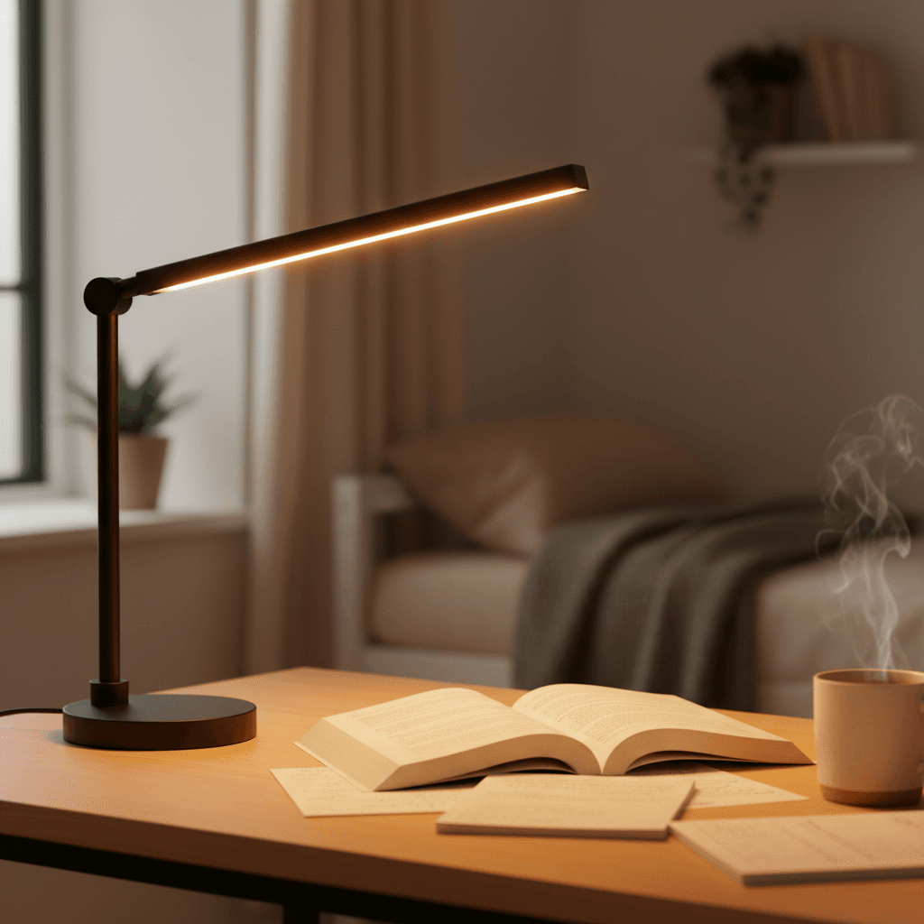 Close-up of modern desk lamp with warm amber LED light illuminating open textbook on wooden study desk