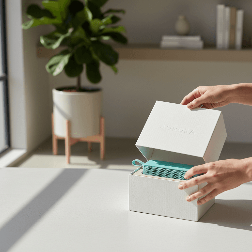Hands unboxing a product from eco-friendly packaging