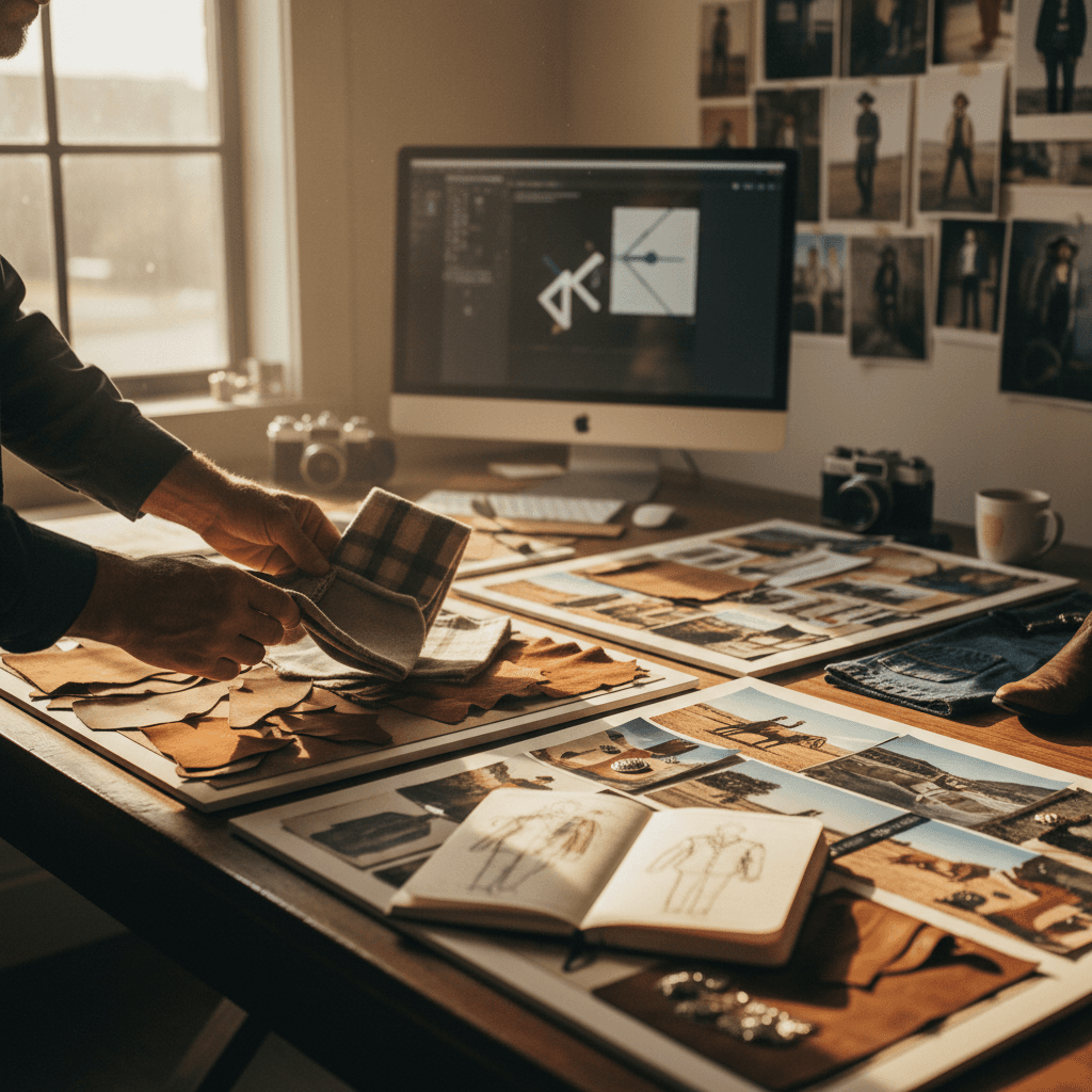 Creative director's hands reviewing Western-themed mood boards and fabric swatches in sunlit studio workspace