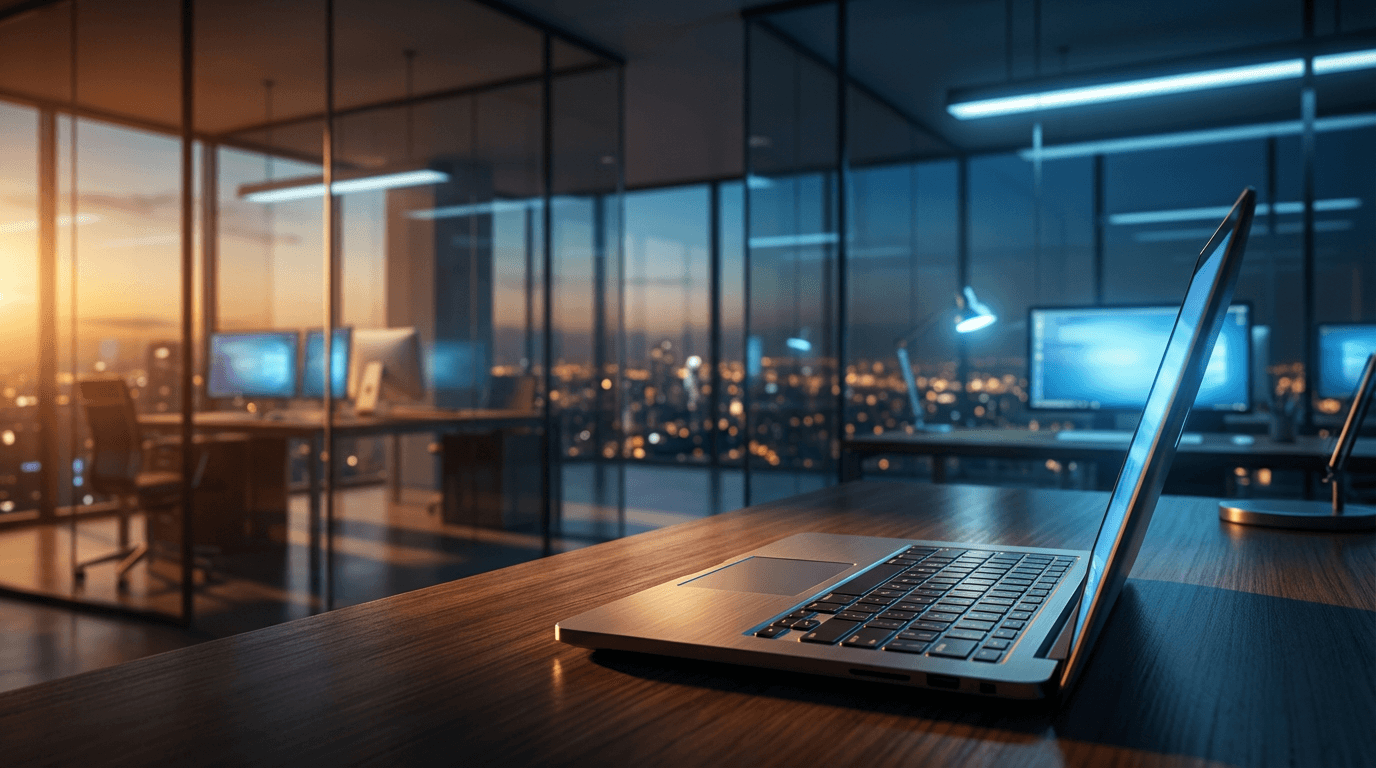 Laptop keyboard with warm desk lamp in sharp focus, blurred multi-monitor office backdrop during dusk