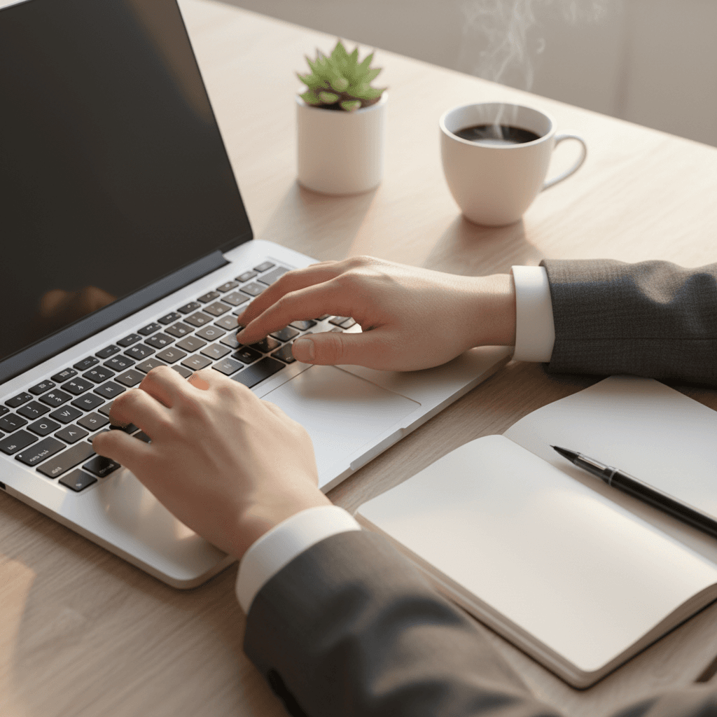 Open laptop and notebook on a home office desk