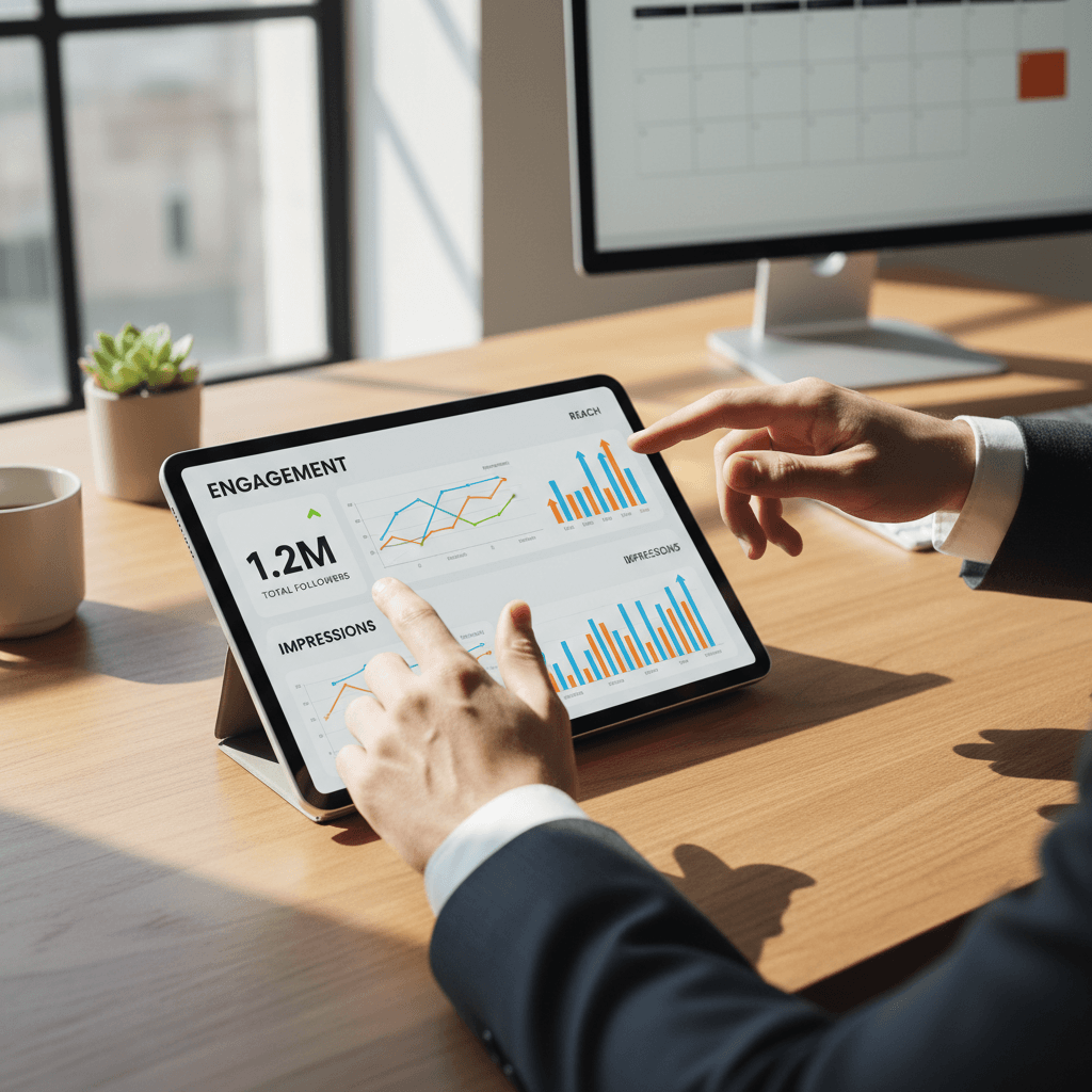 Marketing professional reviewing ad bid data on a tablet in a bright workspace