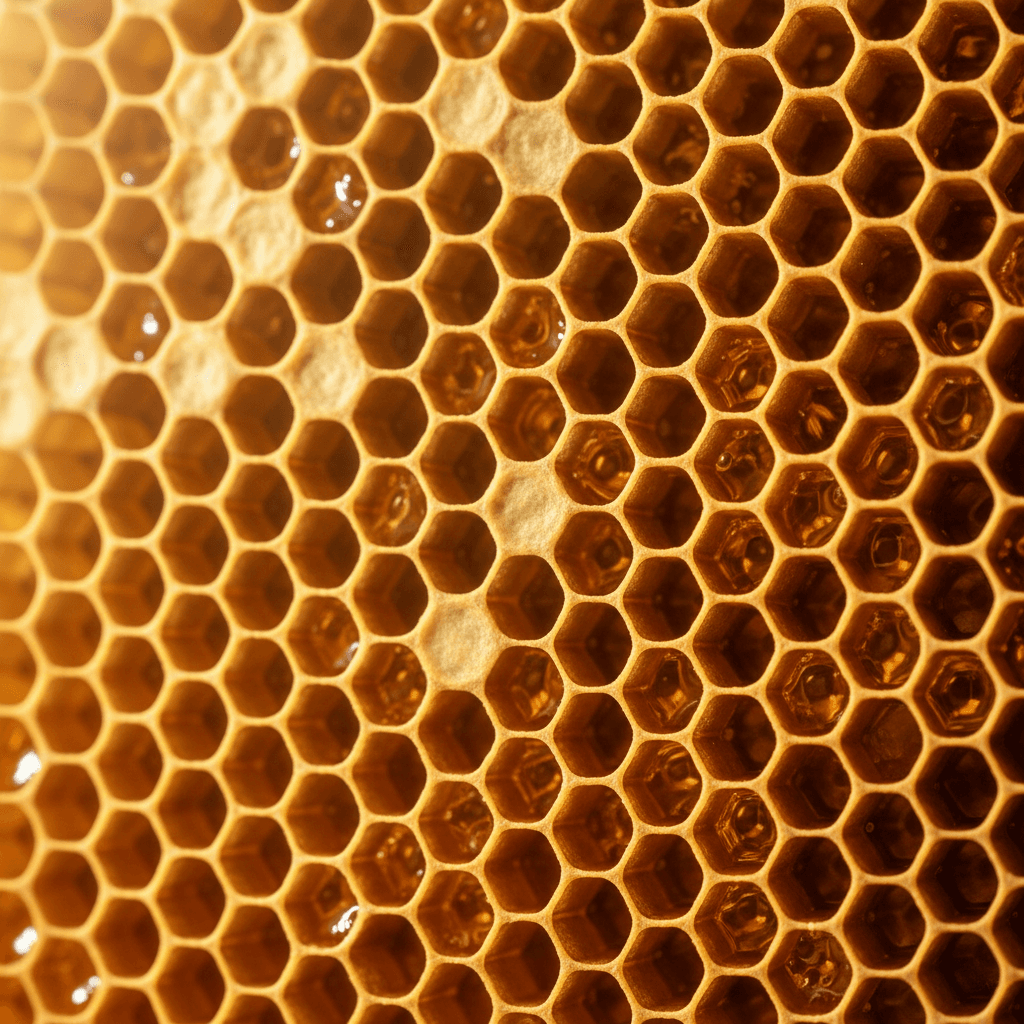Macro close-up of honeycomb cells filled with golden honey, highlighting natural geometric patterns and purity