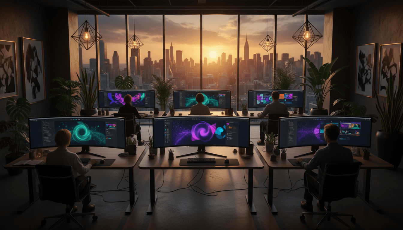 Modern creative studio with multiple designers working at curved monitors displaying animated website designs at dusk