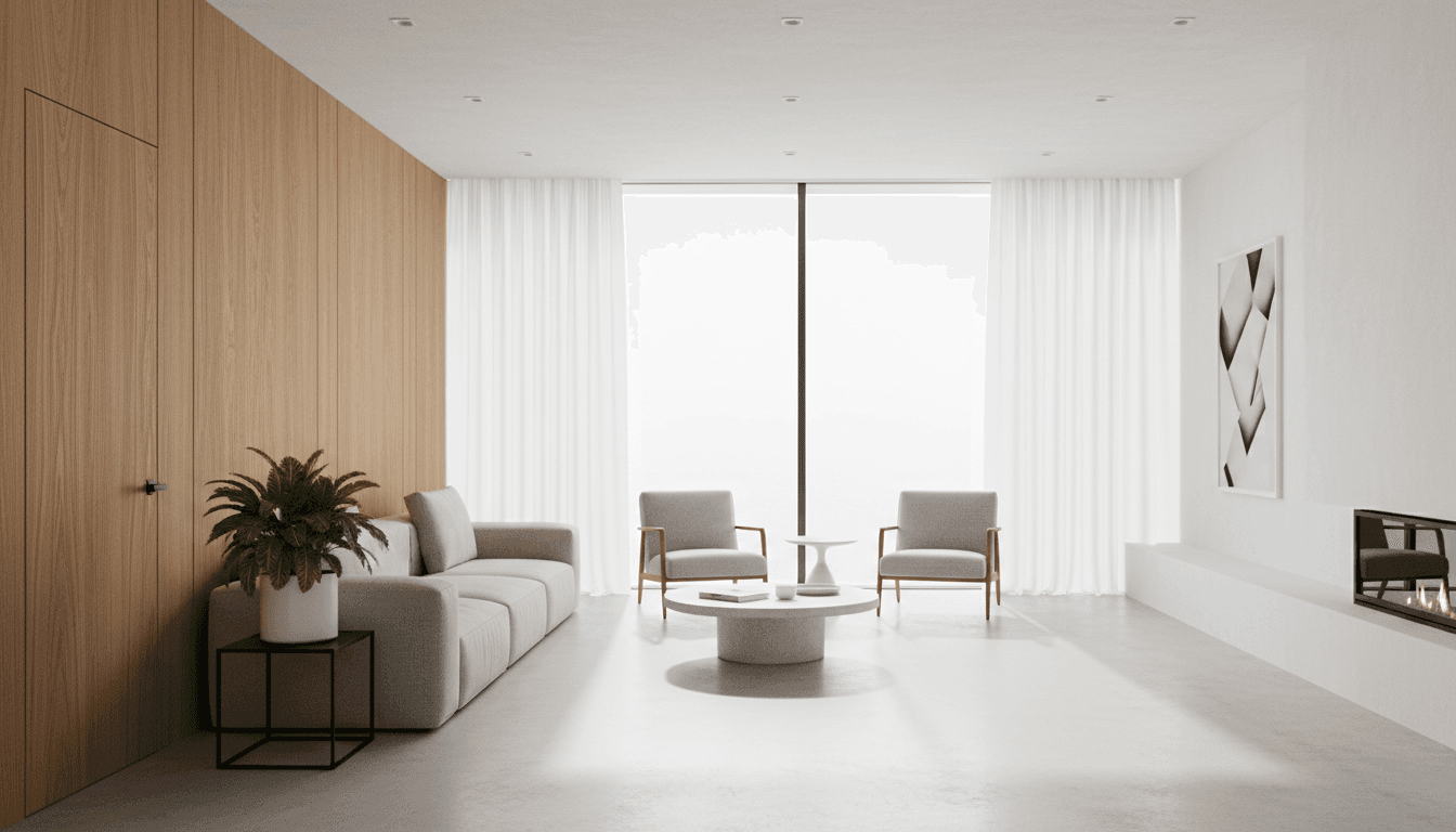 Minimalist open-plan living room with warm wooden accent wall, large windows, and contemporary furnishings in neutral tones