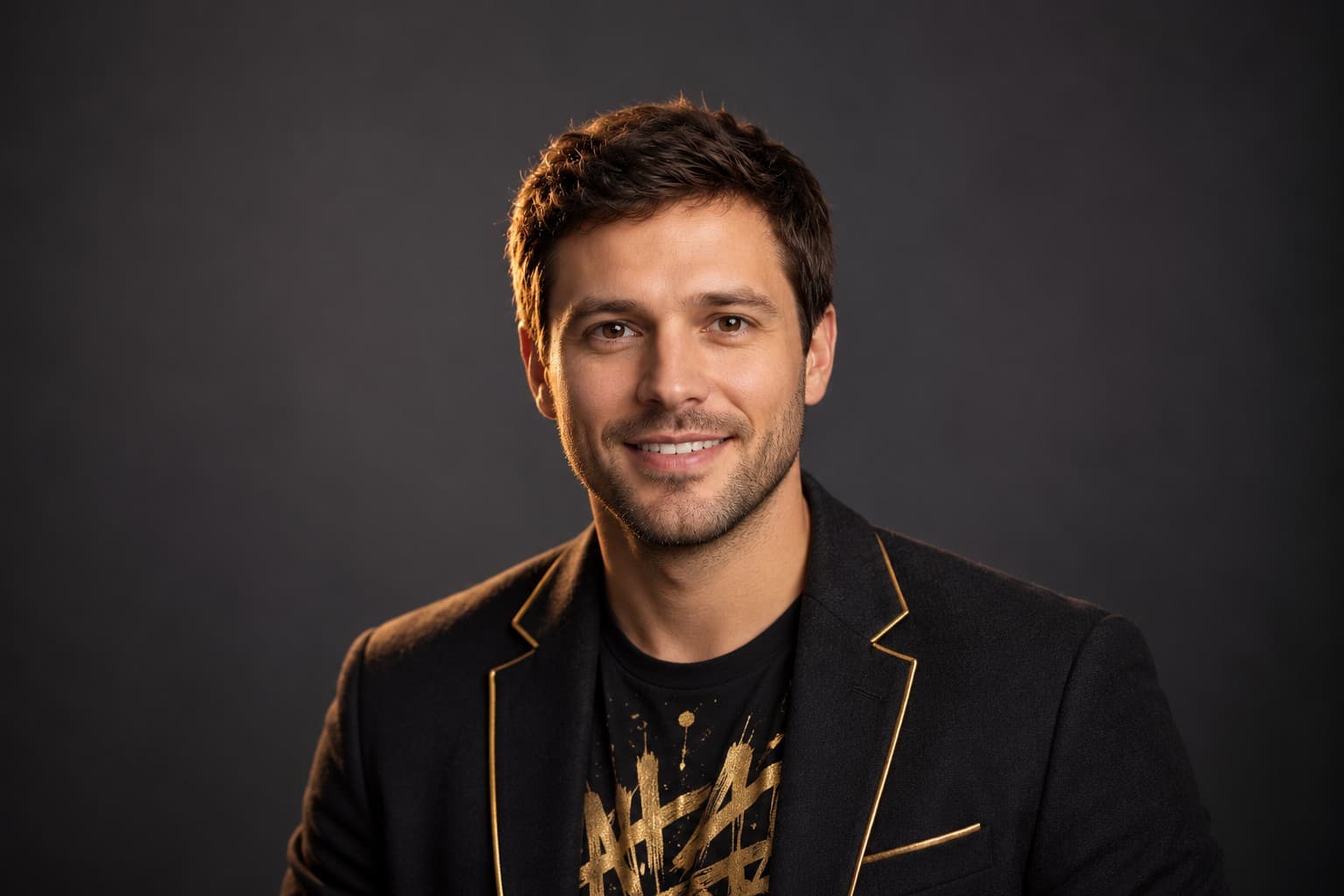 Smiling man with short brown hair wearing a black jacket with gold trim and shirt.