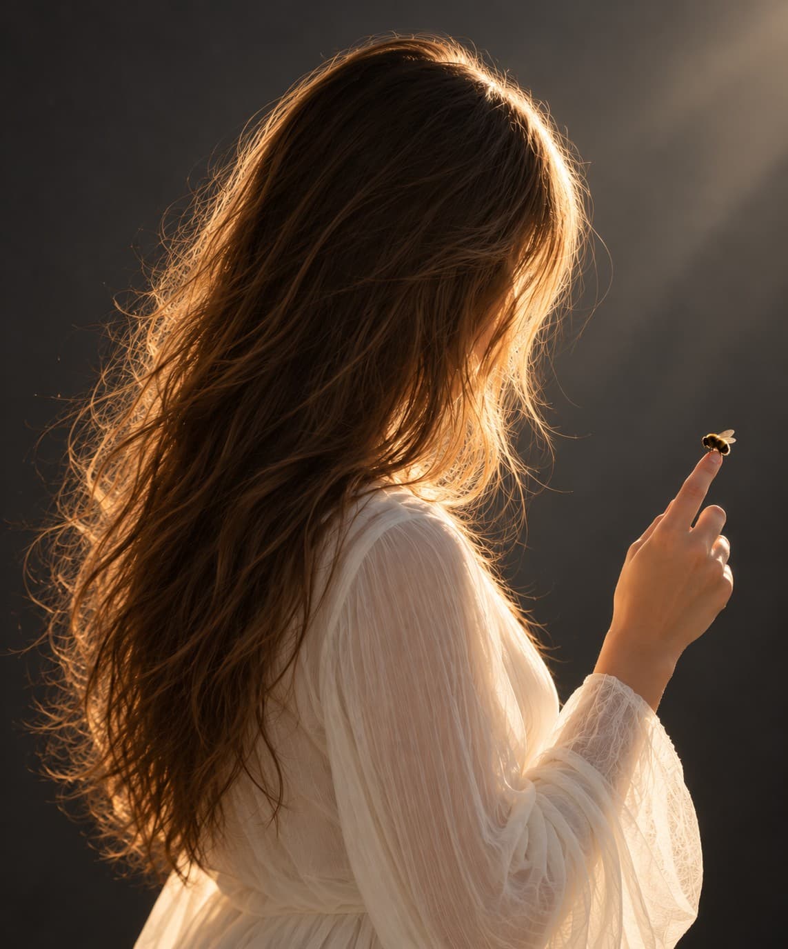 Backlit woman with long wavy hair, a small bee perched on her outstretched fingertip.