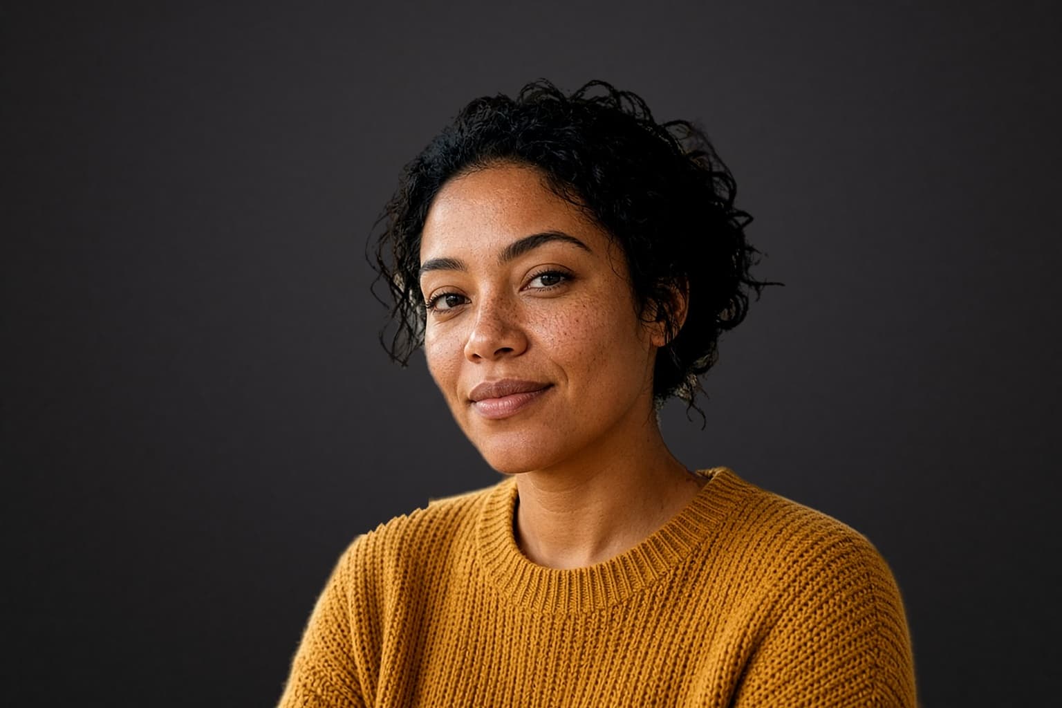 Freckled woman with dark curly hair wearing a mustard yellow sweater against a dark background.